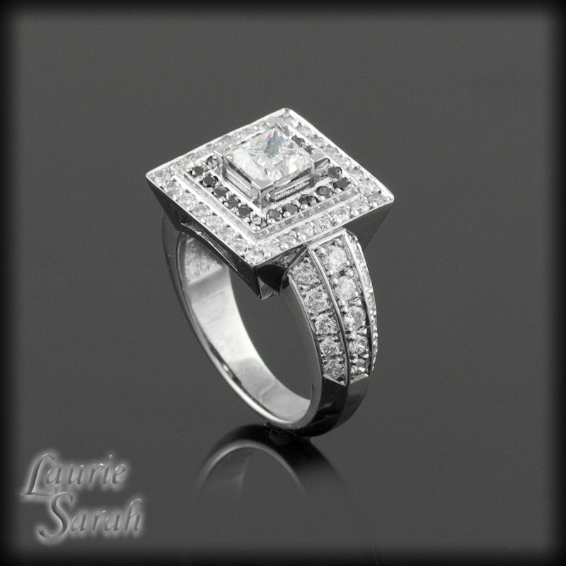 Princess Cut Diamond Engagement Ring with Black & White Diamond Double Halo - LS1254