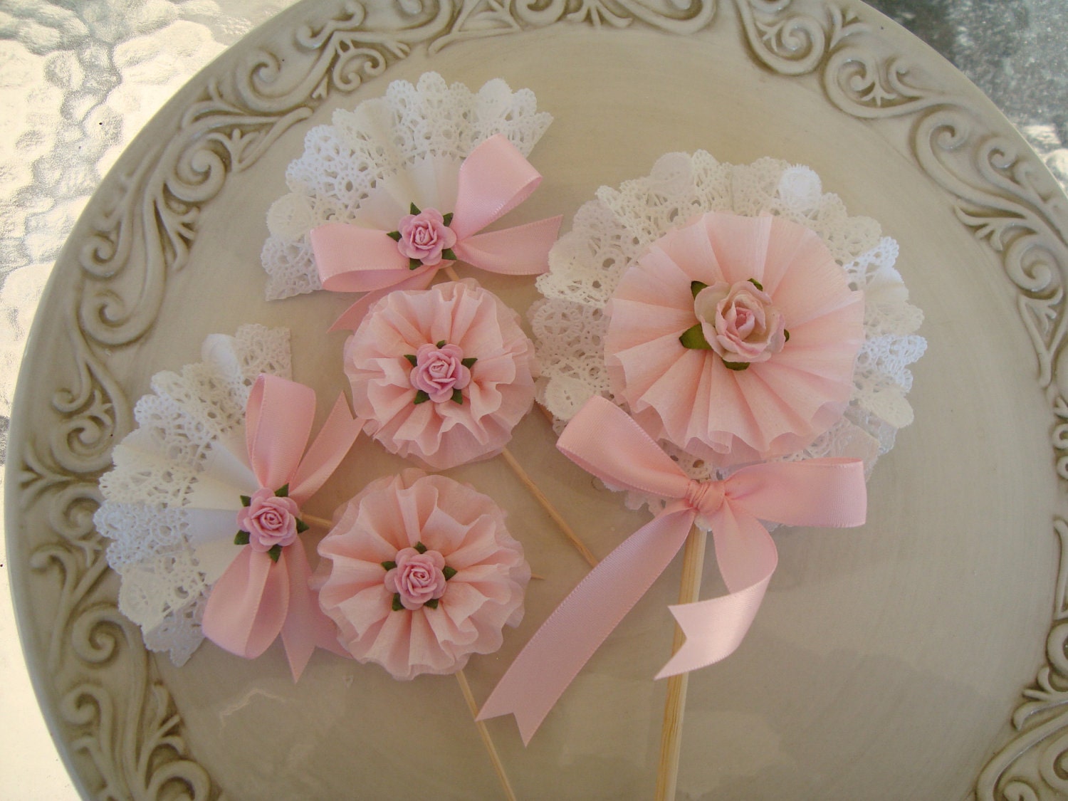 Pretty in Pink and Lace Cupcake Toppers and Wand-Shabby Chic