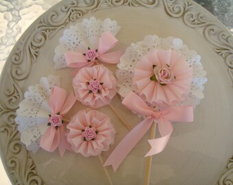 Pretty in Pink and Lace Cupcake Toppers and Wand-Shabby Chic