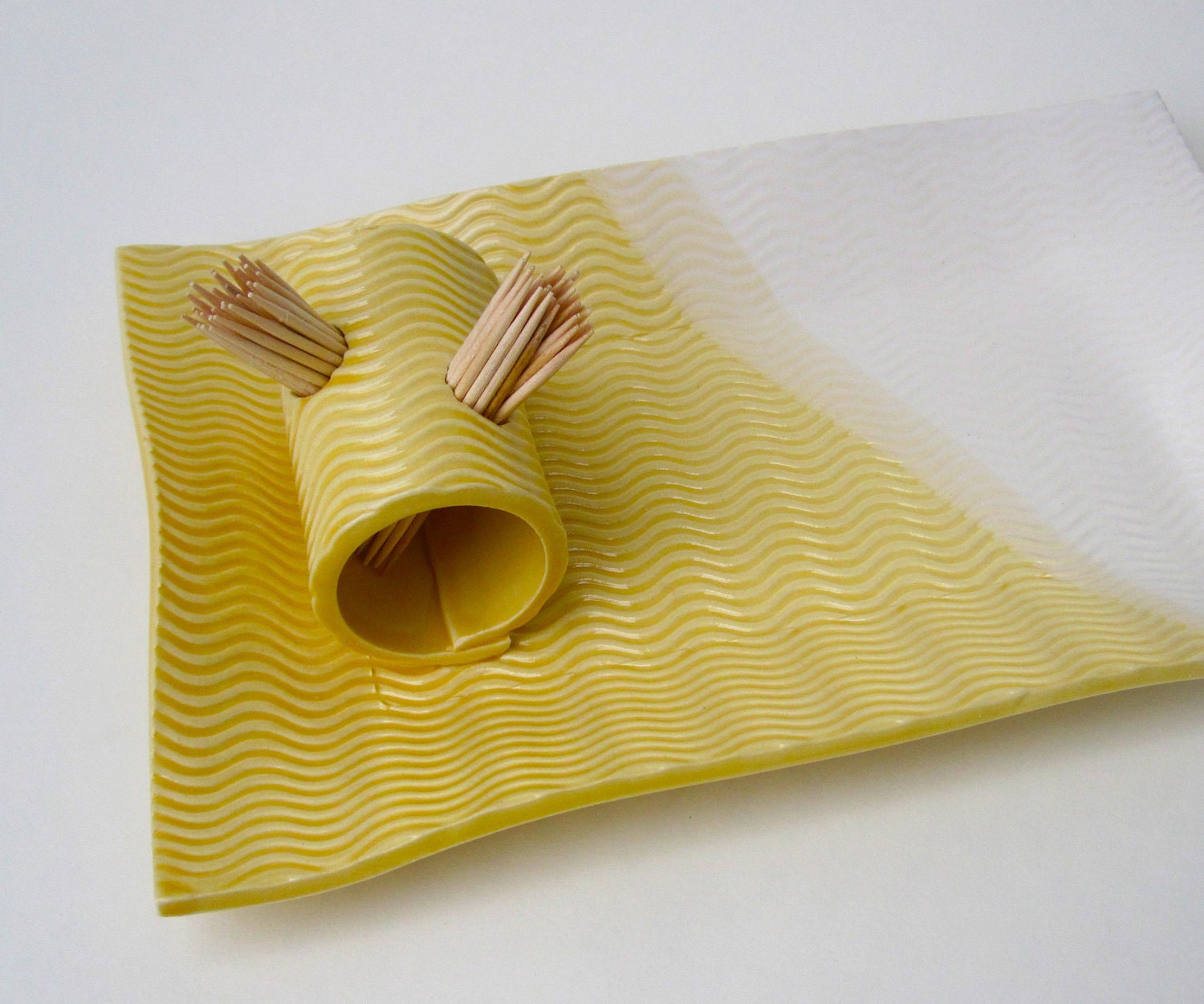 Yellow and White Textured Wavy Handmade Ceramic Pottery Appetizer Toothpick Plate