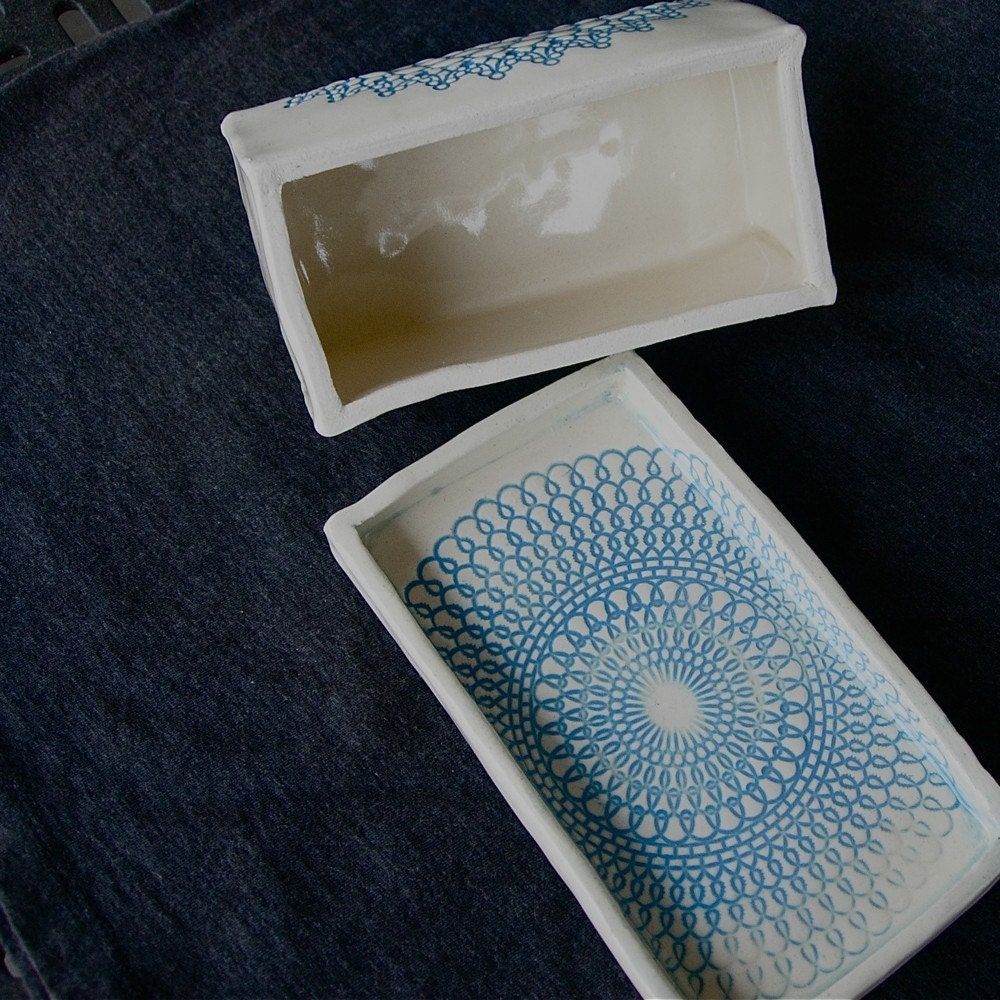 Blue Lace Crochet Doily Ceramic Pottery Covered Butter Dish with Lid