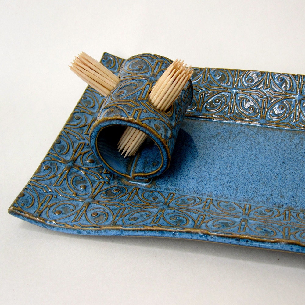 Blue and White Textured Tin Roof Handmade Ceramic Pottery Rectangular Appetizer Serving Toothpick Plate Tray