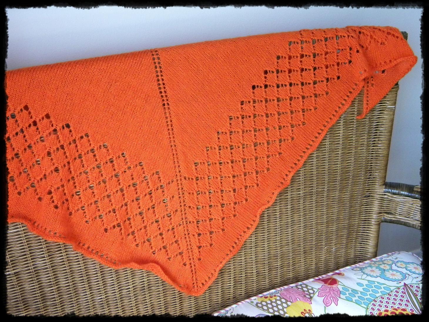 Knit Lace triangular shawl orange diamonds