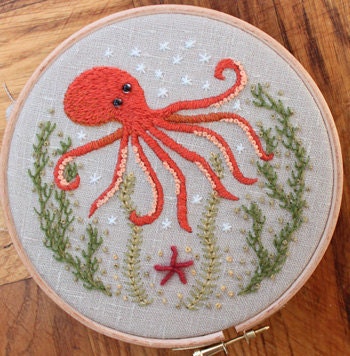 Octopus Crewel Embroidery Pattern and Kit