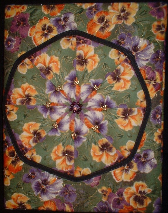 Journal Cover Reusable Quilted Beaded Pansies with Dragonfly