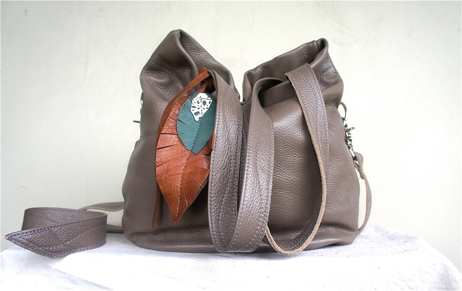 Agatha Fold Over in Pebble Gray Leather with Clip On Adjustable Strap