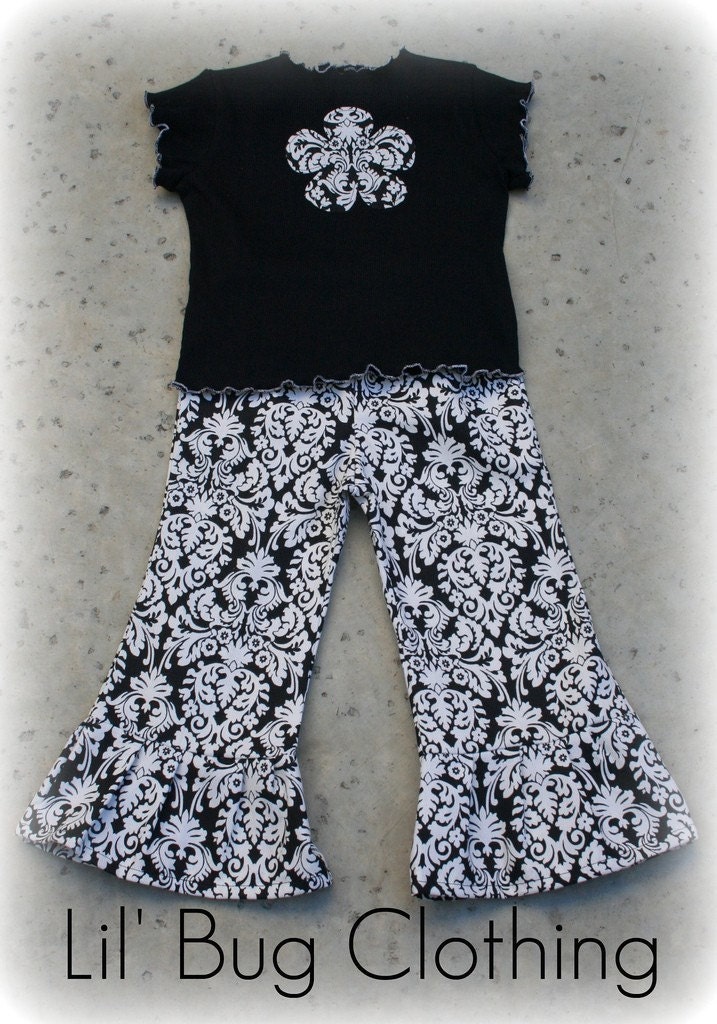 Custom Boutique Black White  Dandy Damask Top Pant 12 18 24 2t 3t 4t 5t 6 girl