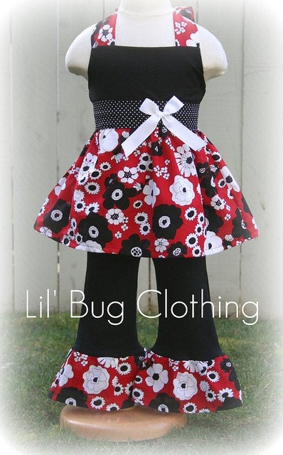 Custom Boutique Clothing Red Black White Floral Spring  Jumper Top and Pant Set