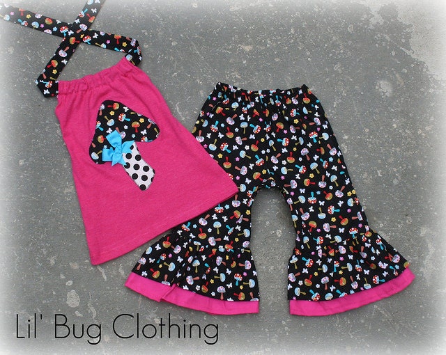 Custom Boutique Clothing Spring Mushroom Capri and Hot Pink  Knit Halter Top