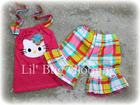 Custom Boutique Clothing Summer Plaid Hello Kitty  Tulle and Halter Top