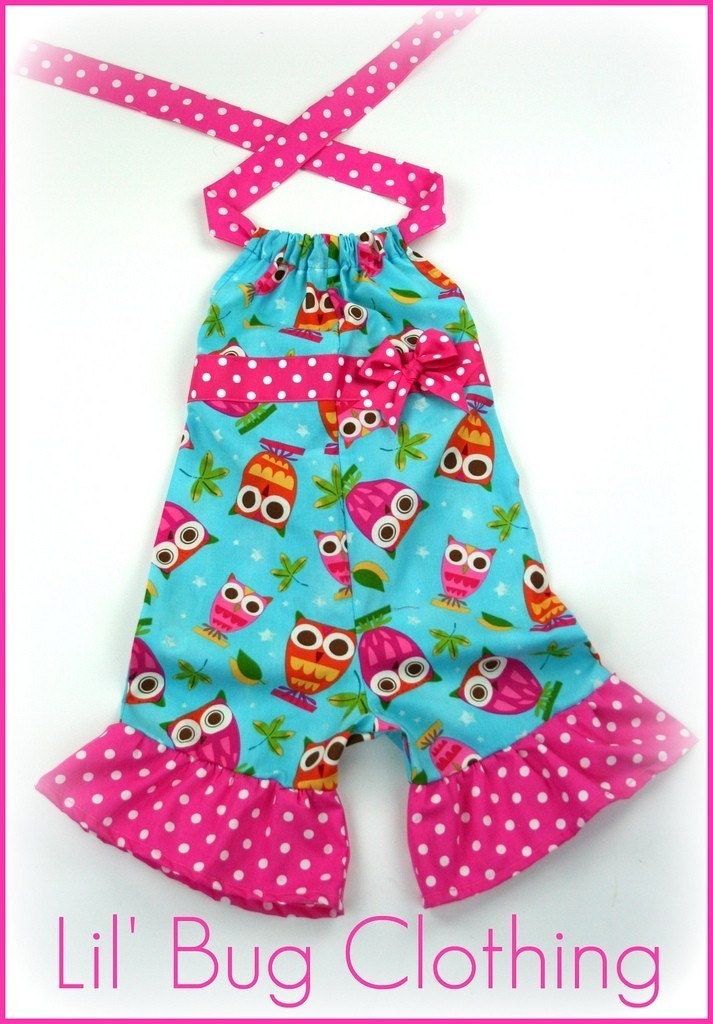 Custom Boutique Clothing Lil' Owl Aqua Pink Ribbon Bow Shortall