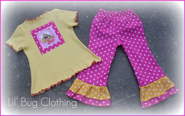 Custom Boutique Clothing Tangled Repunzel Yellow Knit Top and Pink White Polka Dot Pant Girl