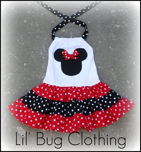 Custom Minnie Mouse Red and Black White Polka Dot Tiered Halter Dress
