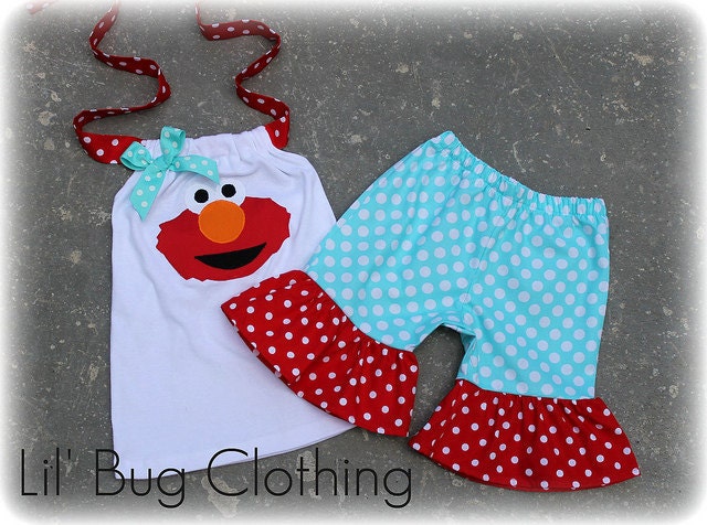 Elmo Polka Dot Teal and Red Short and Halter Top Spring Summer  Set Birthday Girl Bow