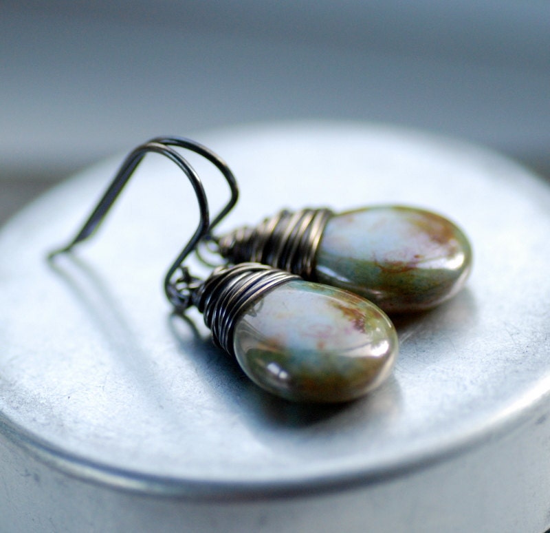 Green and Brown Glass Earrings, Nature Jewelry, Woodland, Earth Tone Jewelry, Drop Earrings, Oxidized Sterling Silver - Wildwood