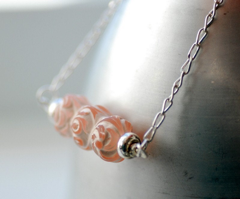 Silver Necklace, Peaches and Cream, Romantic Necklace, Pastel Jewelry, Vintage Etched Acrylic and Sterling Silver