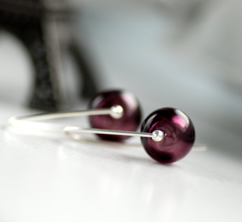 Purple Earrings, Glass Jewelry, Jewel tone Wedding, Purple Wedding, Aubergine Earrings, Artisan Glass and Sterling Silver -  Mulled Wine