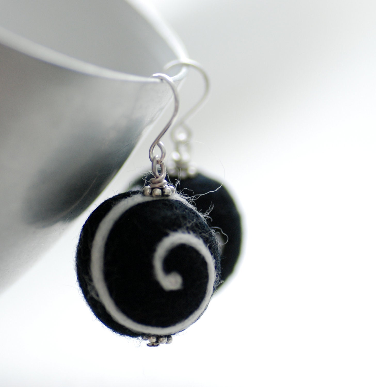 Black and White Earrings, Felted Wool Earrings, Felted Bead Earrings, Geometric Merino Wool on Sterling Silver - Funky Dots
