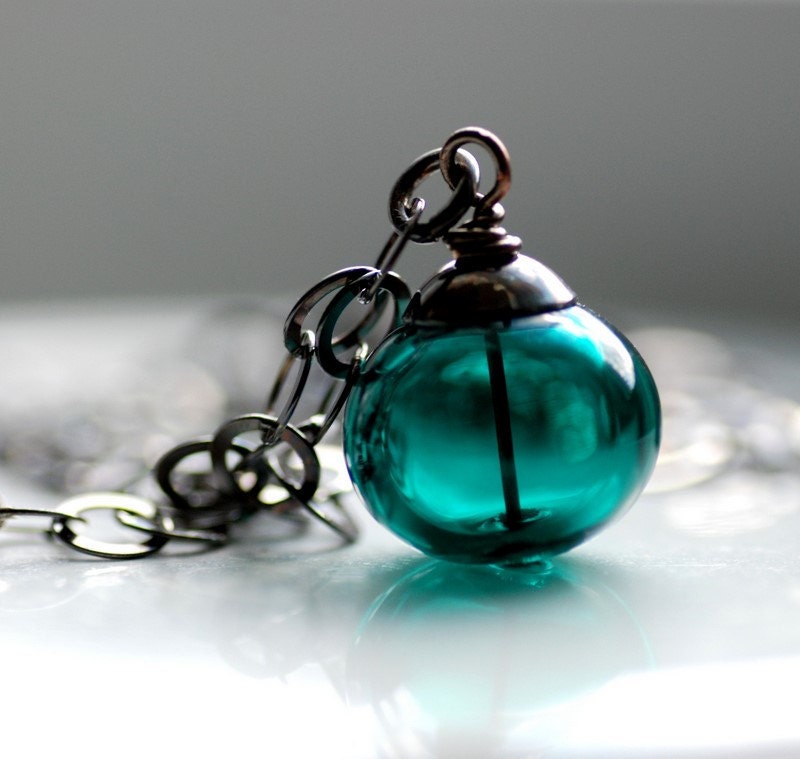 Dark Teal Necklace, Teal Pendant, Teal Jewelry, Peacock Wedding, Glass Pendant, Beach Wedding Jewelry, Oxidized Sterling Silver - Deep Sea