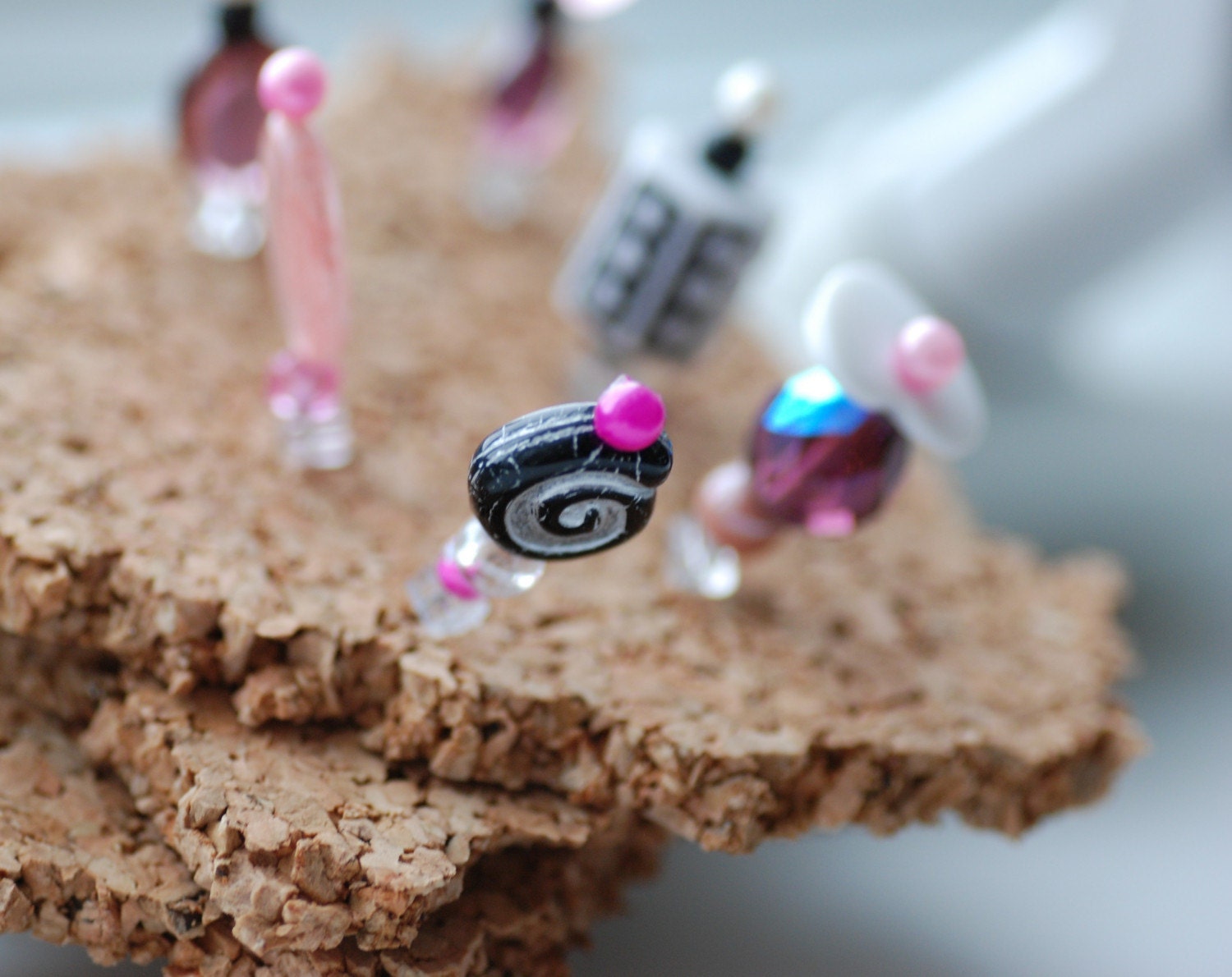 Beaded Corkboard Thumb Tacks or Jewelry Display Pins - Be Mine