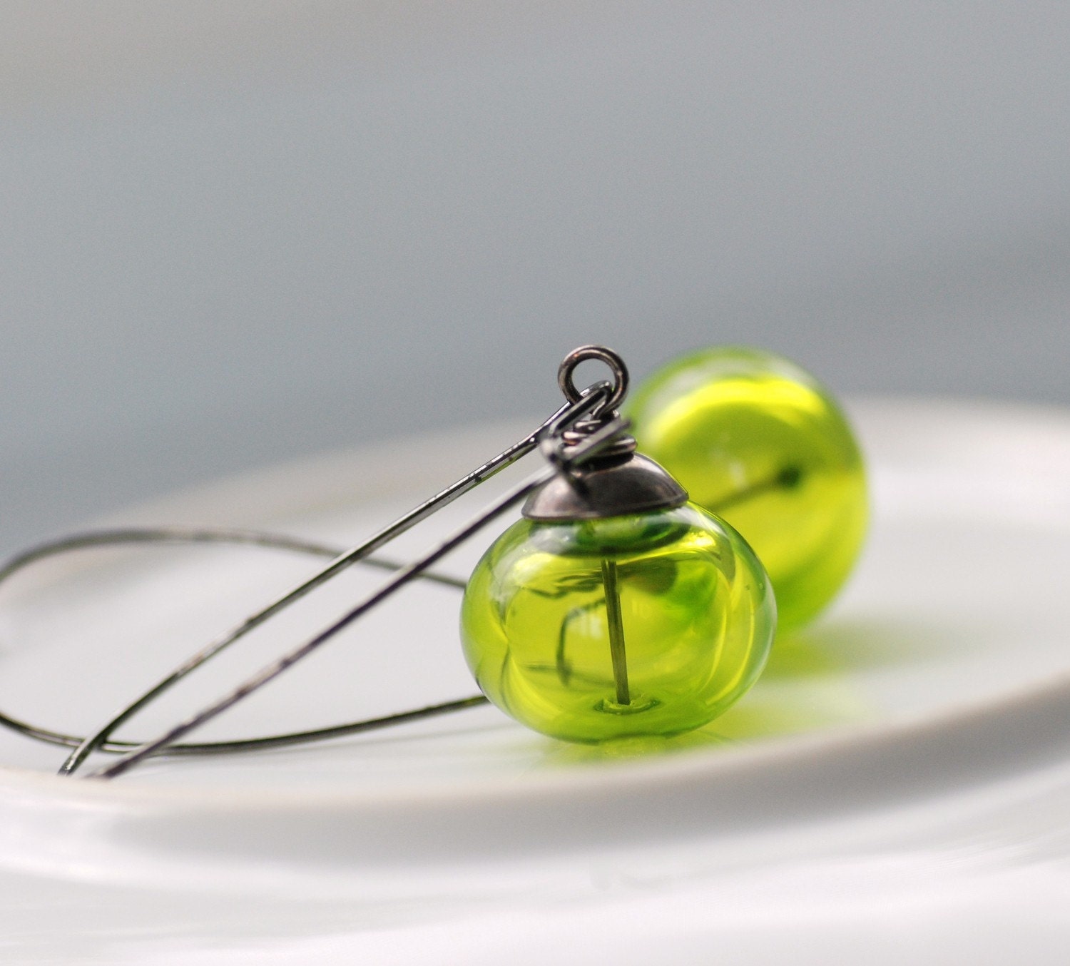 Handmade Earrings, Lime Green Artisan Blown Glass and Gunmetal, Limelight