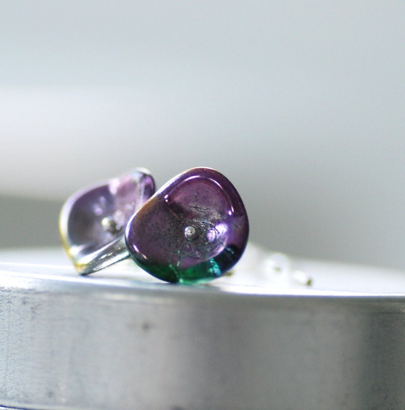 peacock glass earrings, purple and green czech glass bellflowers and sterling silver