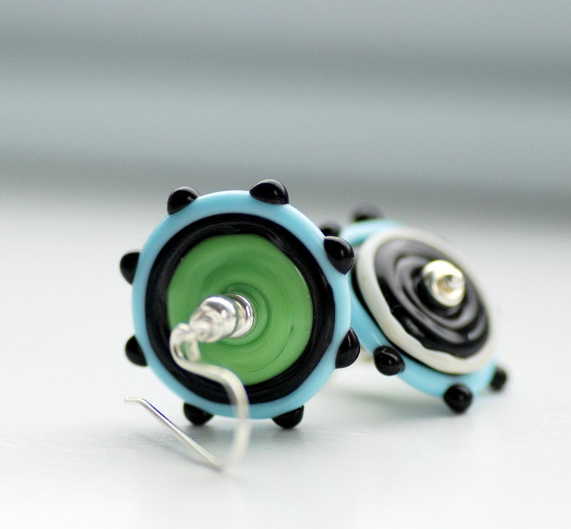 Earrings Sterling Silver and Funky Black, Aqua, Green and White Lampwork Glass - Contemporary Series Pinata