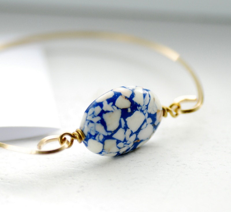 Stacking Bracelet, Brass Bangle, Nautical, Mariner, Blue and White, Stone Bracelet, Dyed Turquoise