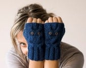 Blue owl fingerless gloves , mittens