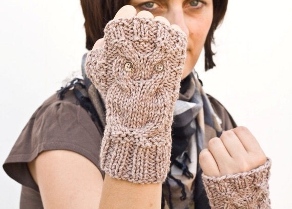 Owl fingerless gloves , mittens in beige