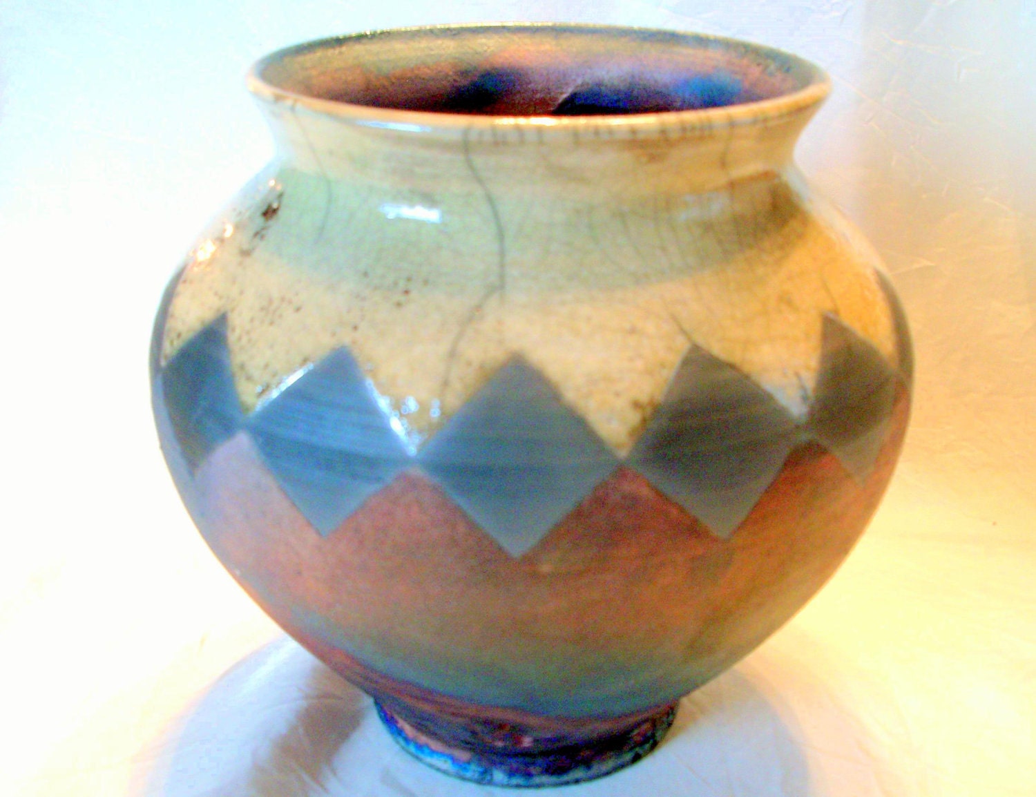 White Crackle Raku Vase and Copper Sparkle Glaze with Black Diamond Border