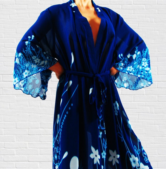 Italian Silk Chiffon Blue Topaz Kimono Style Robe - Medium