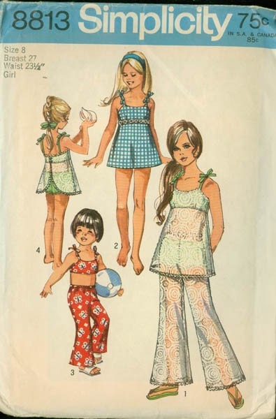 Vintage 70s Simplicity 8813 Girls RETRO Bathing Suit and Bell Bottoms Pants Size 8 UNCUT