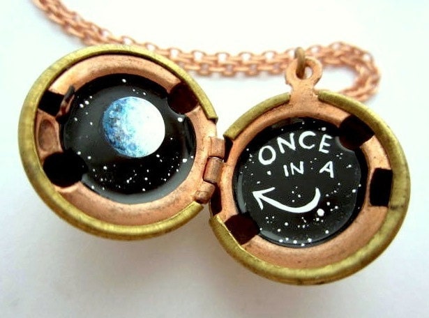 Blue Moon Locket - One of a Kind, Hand-painted in Oil - Black and White Starry Outerspace Background
