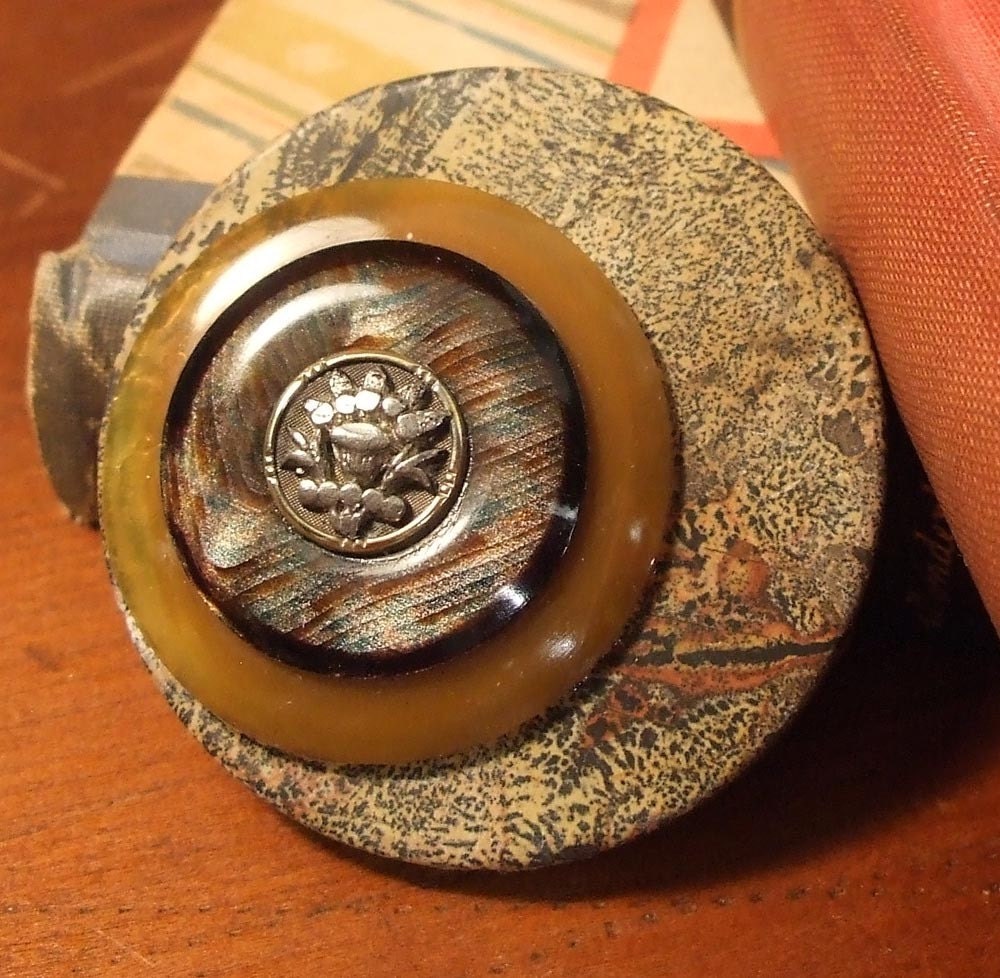 Celluoid and Victorian Metal Button Brooch
