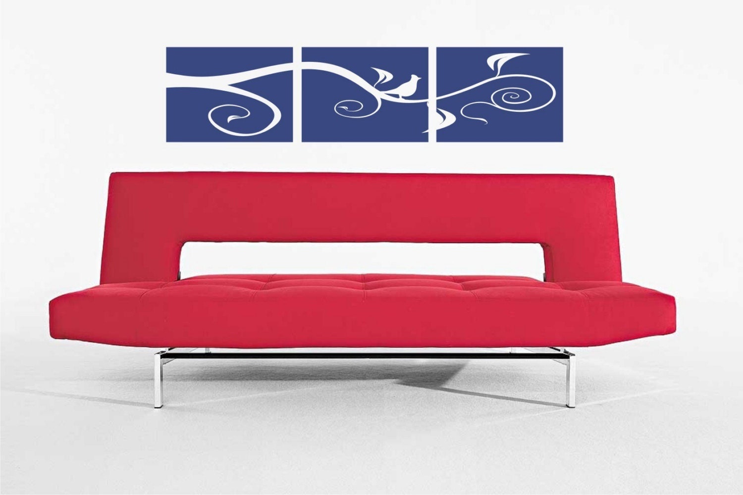 3 Panel Scrolled branch with Bird - Vinyl Wall Art decal sticker graphics