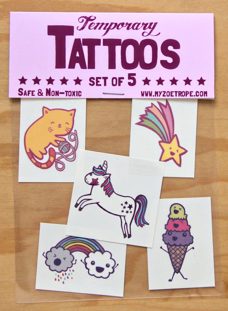 Temporary Tattoos - Set of 5 - Unicorn, Cat, Rainbow, Ice Cream, Star