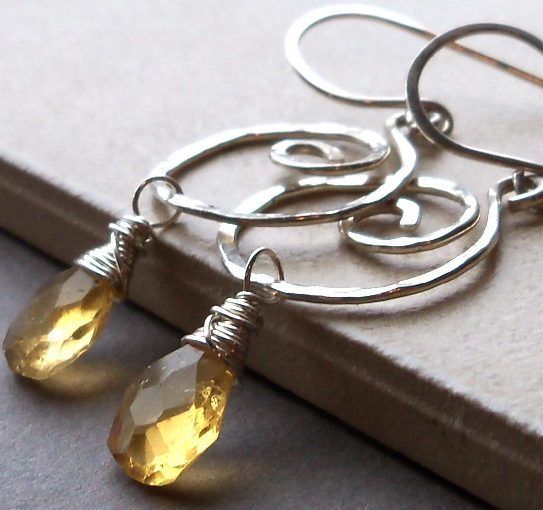 Hammered Sterling Silver Spiral Earrings with Citrine Drops