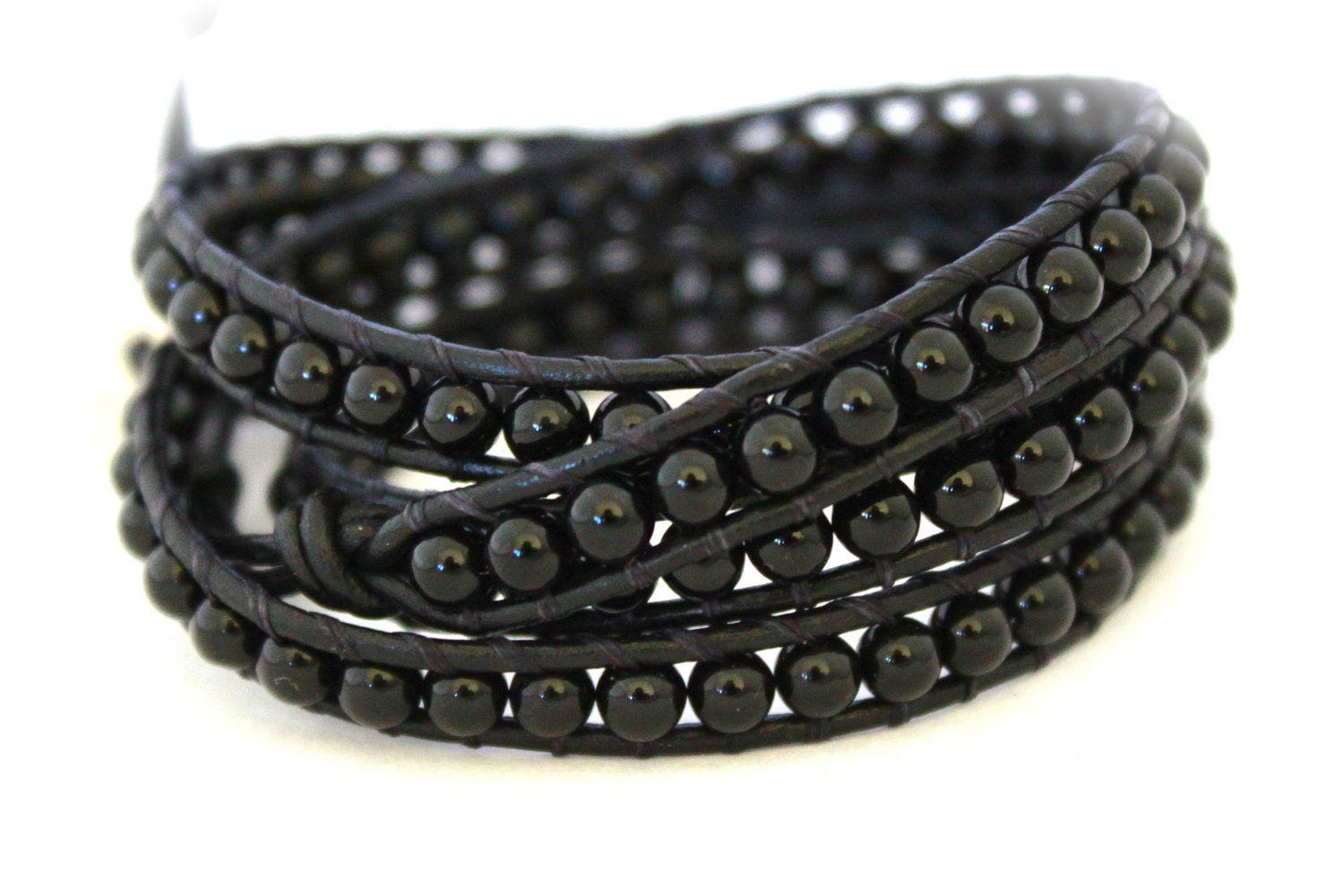 Mens or Womens Black Onyx 3-4X Beaded Leather Wrap Bracelet Extra Long