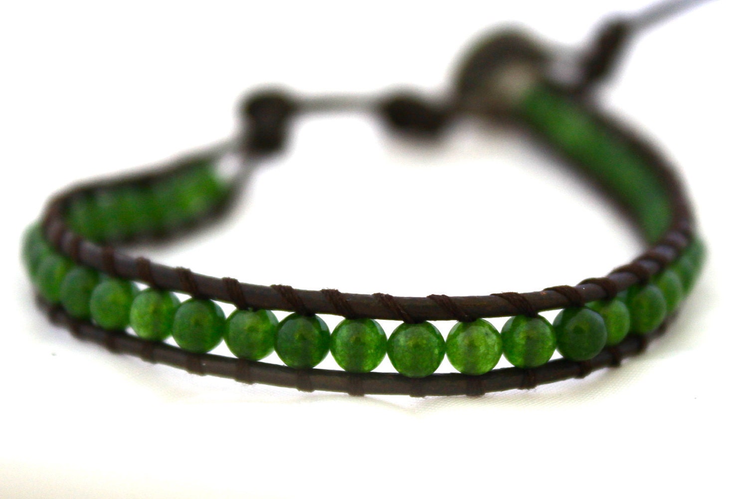 Green Jade Mini Beaded Leather Wrap Bracelet