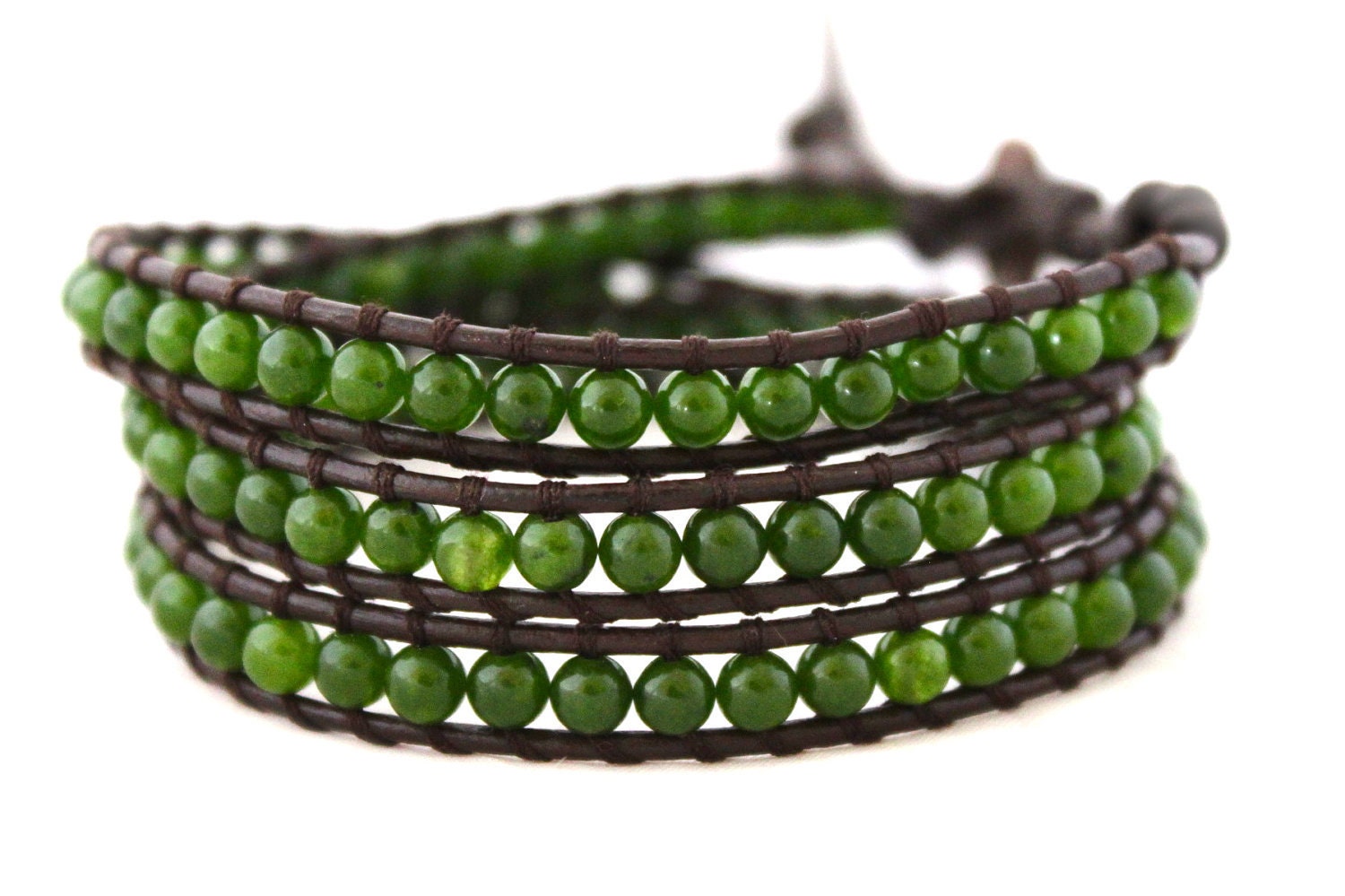 Beaded Leather Wrap Bracelet. Green Canadian Jade Triple Wrap. Nephrite Jade