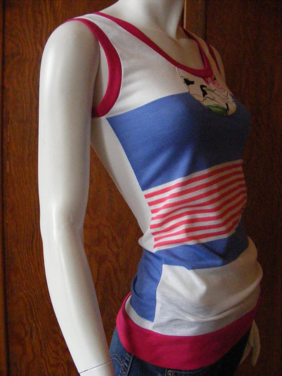 the Crazy Mixed-up Tunic Tank, in vintage striped and print jersey - 4 choices in SM