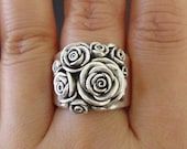 Made to Order - A Bouquet of Roses - Handsculpted, Cast Sterling Silver Wide-Band Ring - MADE TO ORDER in 5 to 6 Weeks