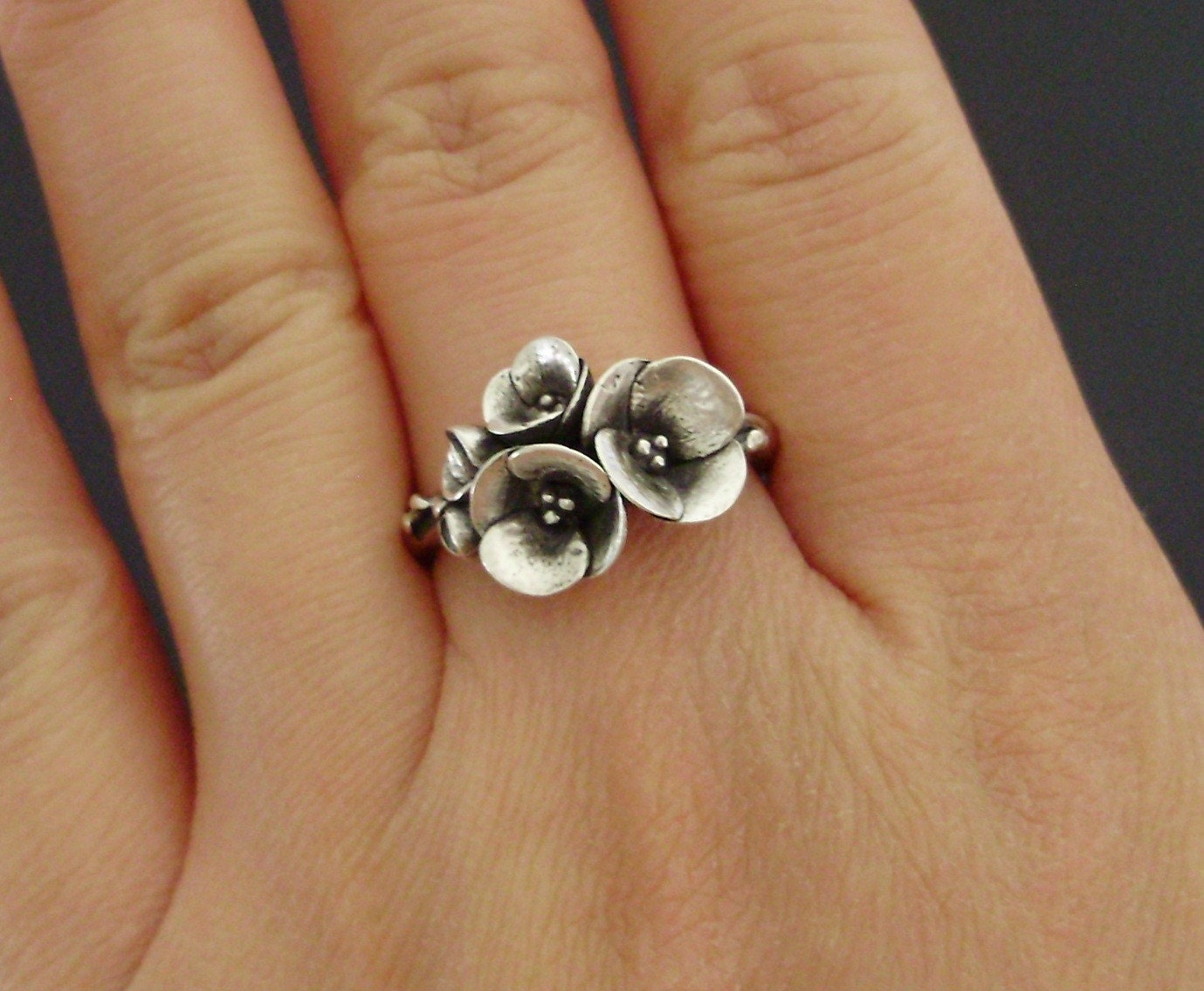 A Tiny Bouquet of Poppies - Handsculpted, Cast Sterling Silver Ring - READY TO SHIP (Sizes 6 to 7.5)
