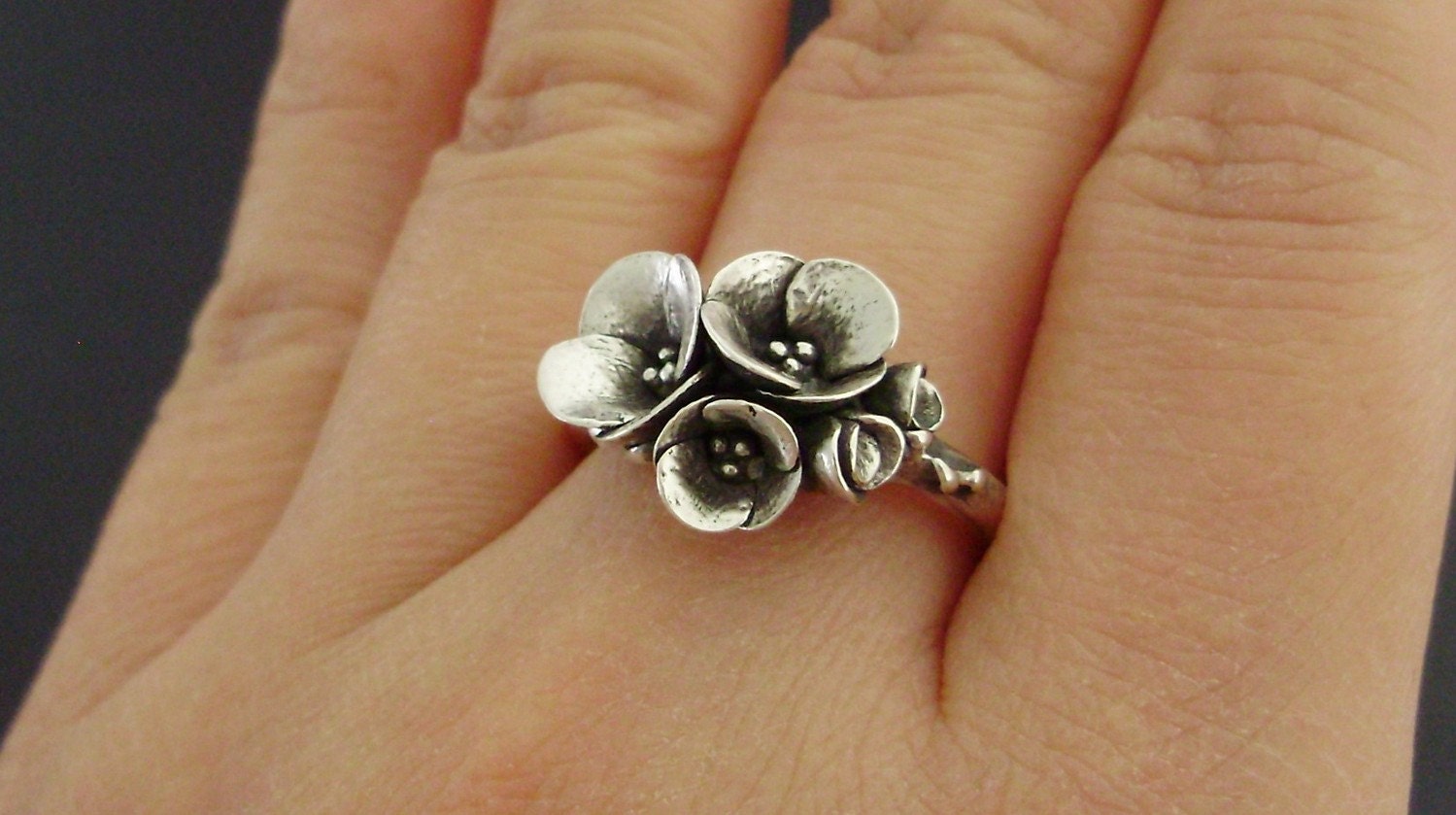 A Tiny Bouquet of Poppies - Handsculpted, Cast Sterling Silver Ring - READY TO SHIP (Sizes 6 to 7.5)