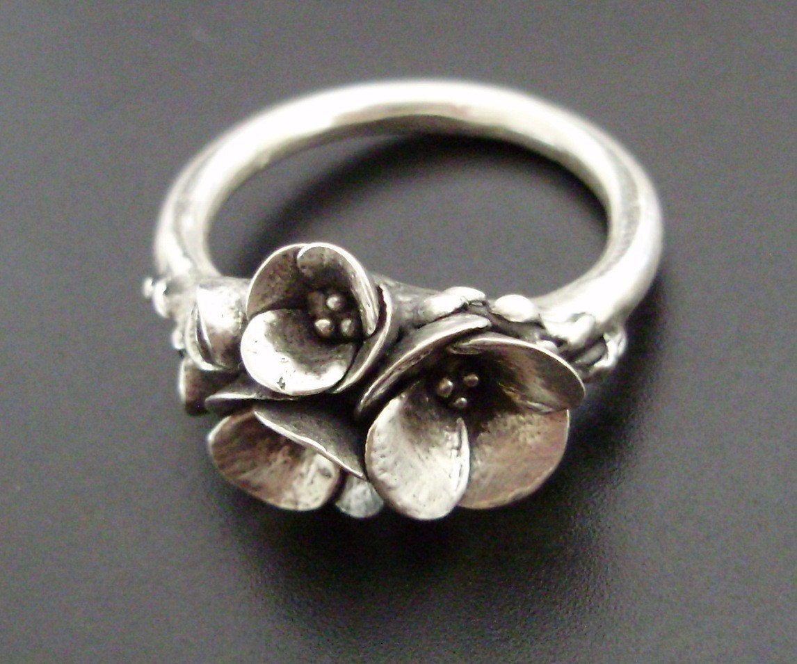 A Tiny Bouquet of Poppies - Handsculpted, Cast Sterling Silver Ring - READY TO SHIP (Sizes 6 to 7.5)
