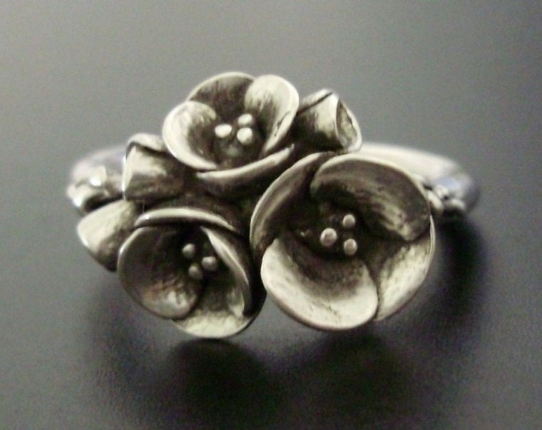 A Bouquet of Poppies - Handsculpted, Cast Sterling Silver Ring - READY TO SHIP (Sizes 6 to 7)