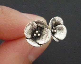 Tiny Poppies - Handsculpted, Cast Sterling Silver Earstuds - MADE-TO-ORDER in 1 to 2 Weeks