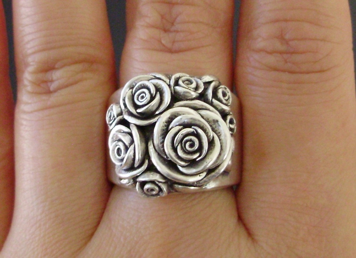 Ready to Ship (Sizes 7.5 to 8) - A Bouquet of Roses - Handsculpted, Cast Sterling Silver Wide-Band Ring
