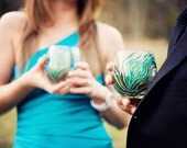 Peacock Feather Glasses - Set of 2 Hand-Painted Stemless Wine Glasses
